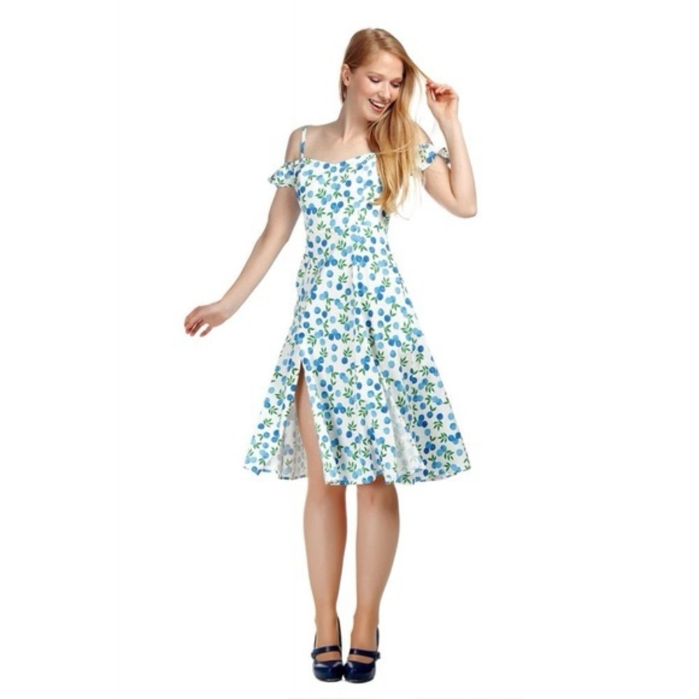 Collectif Clothing Mainline Eliza Off-Shoulder Blueberries Fruit Midi Dress